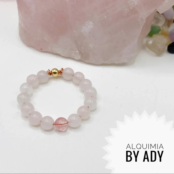 Pink and Rose Quartz beaded gem ring - Picture 2 of 3